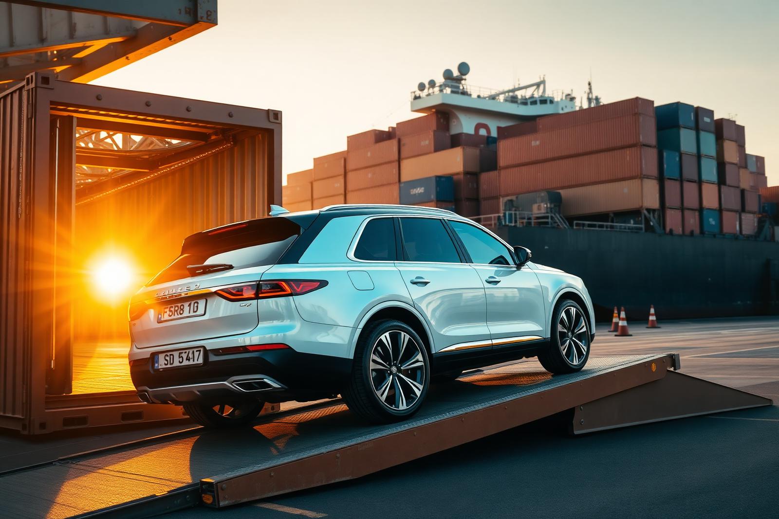 A car being loaded into a shipping container at a UK port